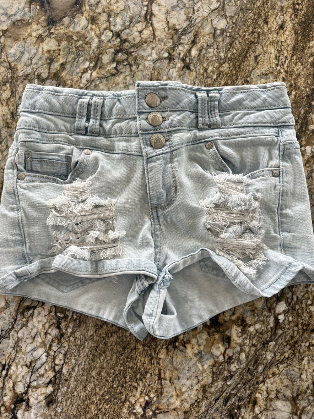 Blue Spice Light Wash Distressed Triple-Button Denim Shorts